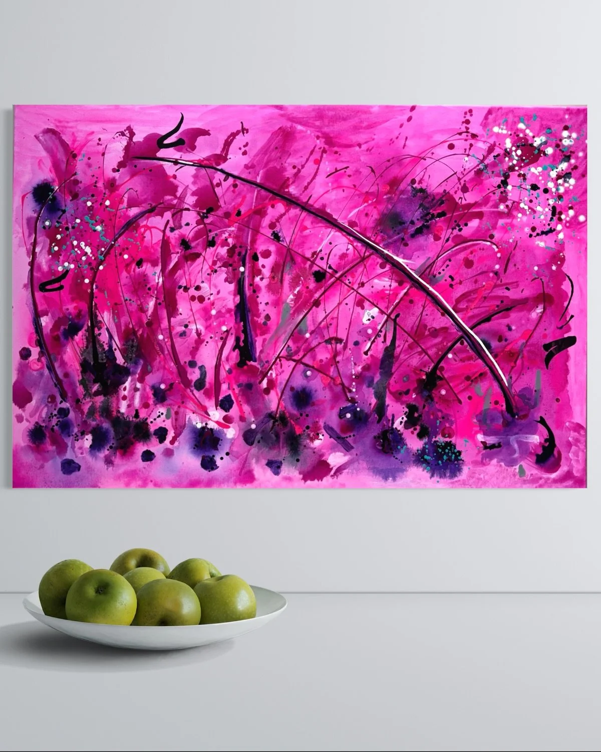 Pink Wilderness
120 x 80 cm
Original abstract painting

This piece started much softer, almost too soft. I kept layering pink, adding darker gestures, stronger lines and small turquoise contrasts until it finally had the energy I was looking for.
Now