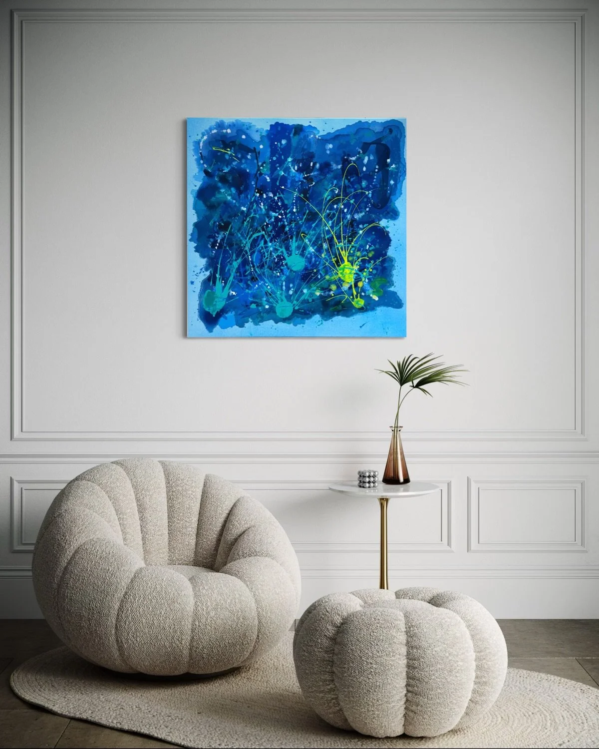 Living Current started with layers of ink and slowly became something that felt like an ocean full of life.
Deep blues, turquoise movement, white light marks and neon yellow-green lines create a sense of current, depth and energy. It is not a literal