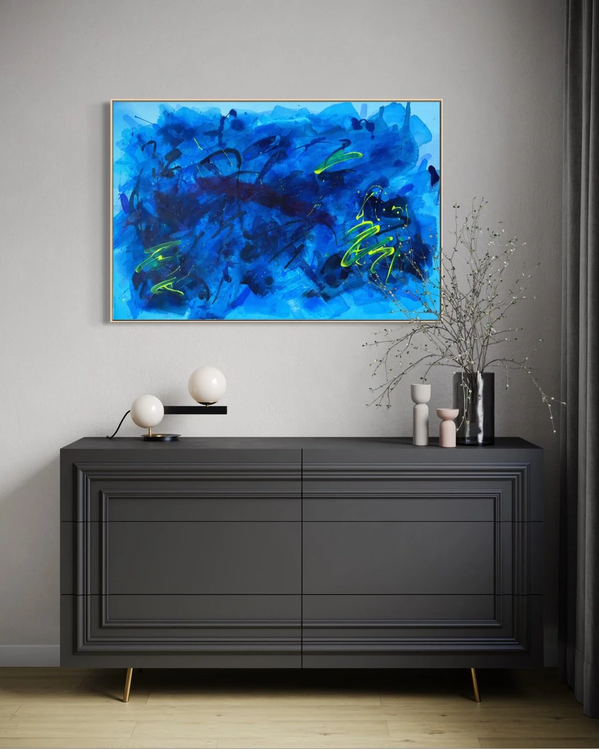 Deep Current in a modern interior.

This piece was made for spaces that need depth without becoming heavy. The strong blue palette creates atmosphere, while the neon accents add just enough energy to make the room feel alive.

In a clean living space