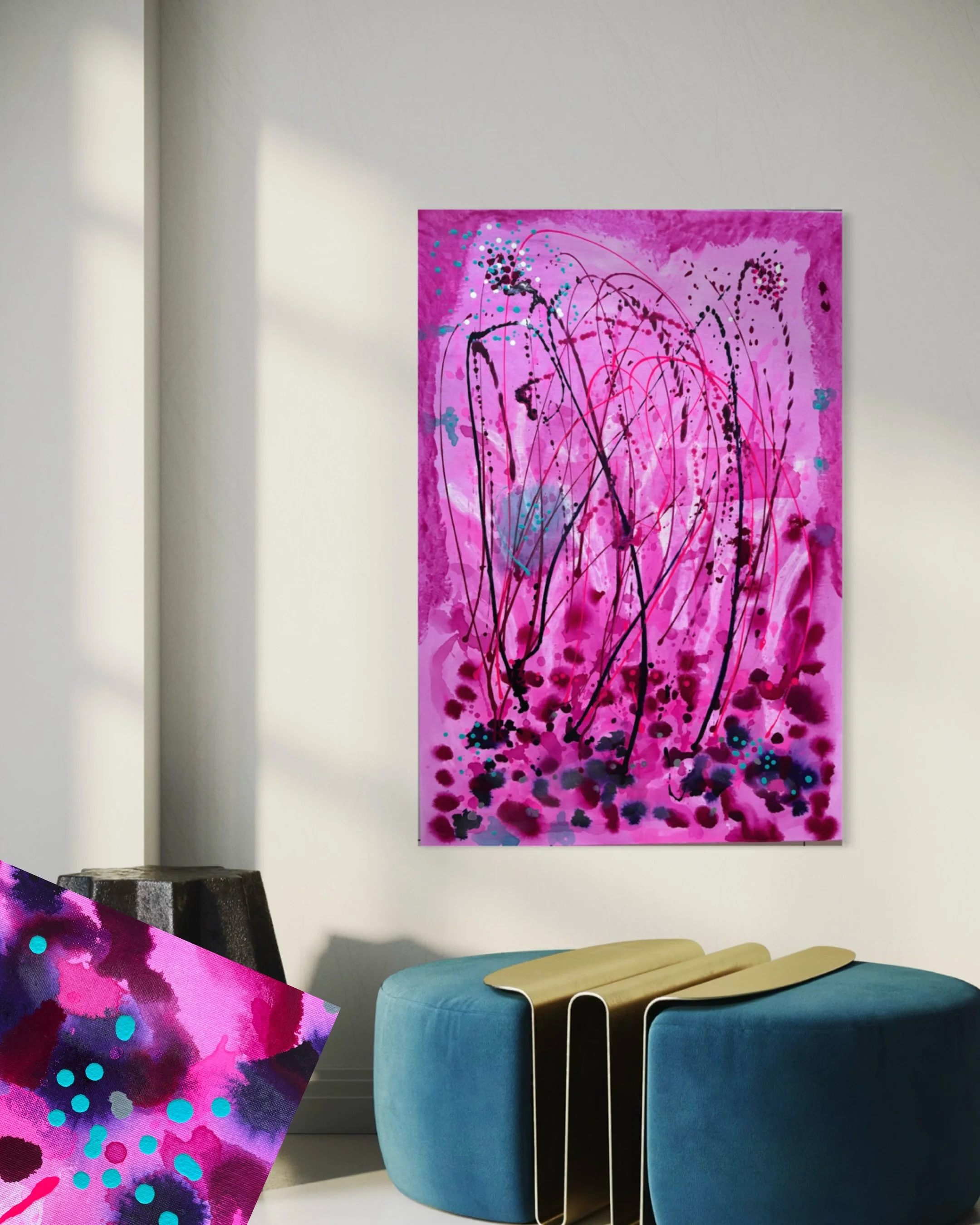 Same painting. Different Energy in the room. 

That&rsquo;s what I love about art: it doesn&rsquo;t just fill an empty wall. It changes how a home or office feels.

Velvet Romance brings color, movement and a completely different atmosphere into a ro