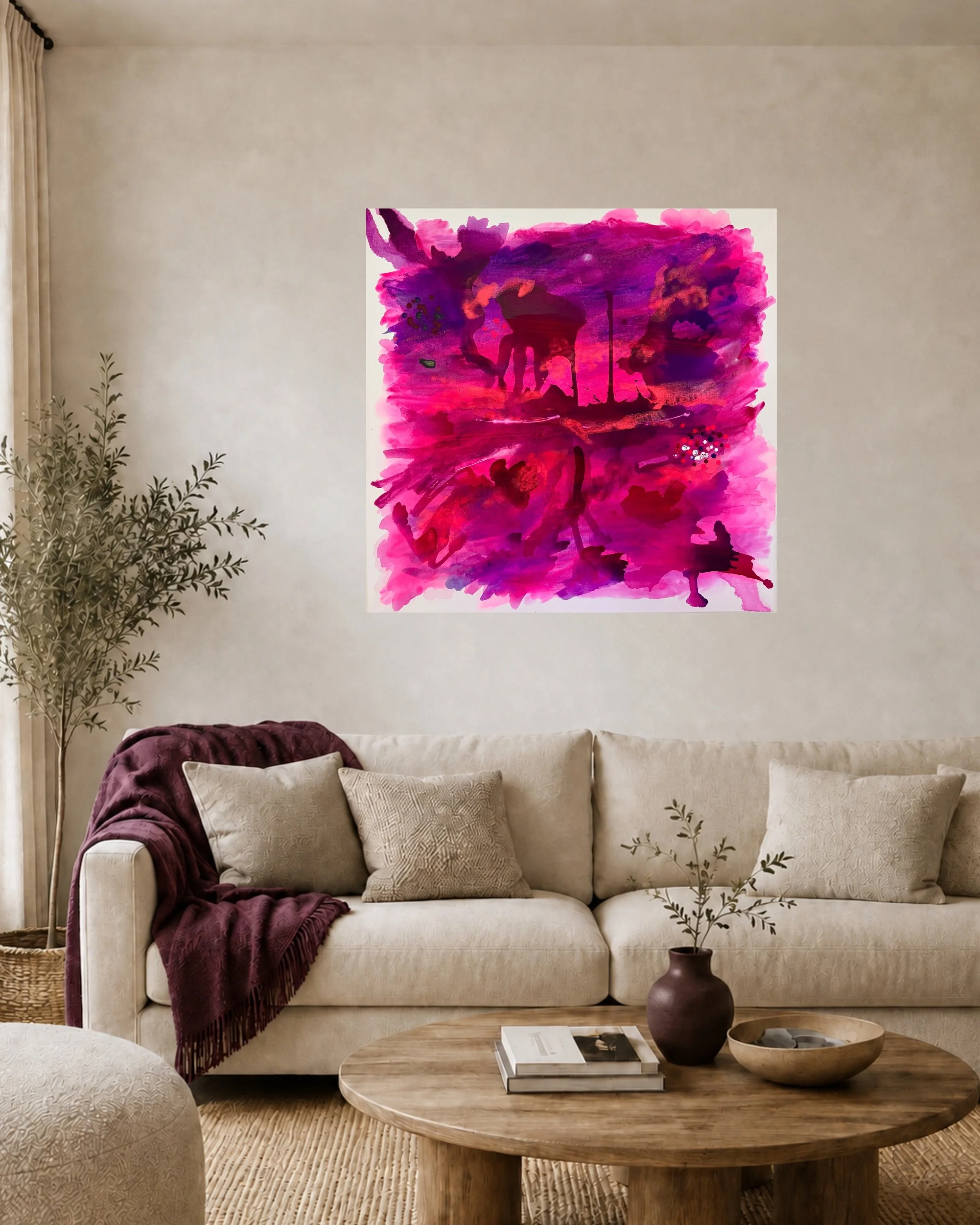 What 100 &times; 100 cm can do to a room.

Velvet Voltage brings a strong amount of colour into a space without needing much around it.

I especially like it against clean walls, natural materials and more neutral interiors where the magenta and viol