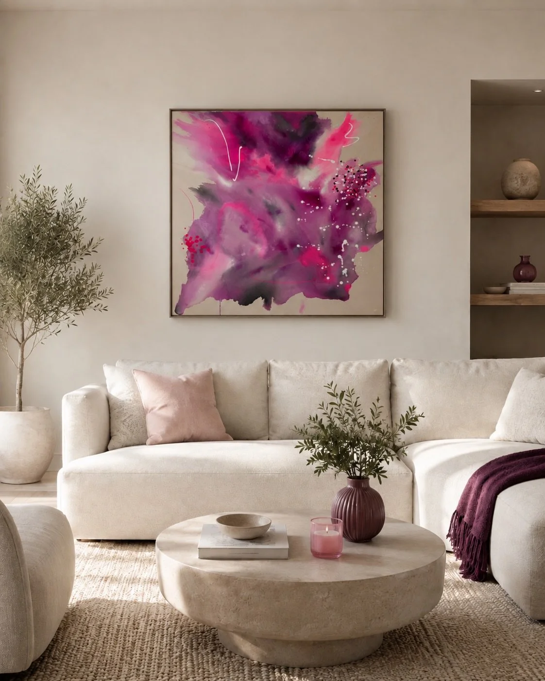 Some rooms don&rsquo;t need more decoration. They need one strong piece.

First Bloom brings colour into a quiet interior without taking away its calm. Soft pinks, deep berry tones and darker layers make it bold enough to become the focal point, but 