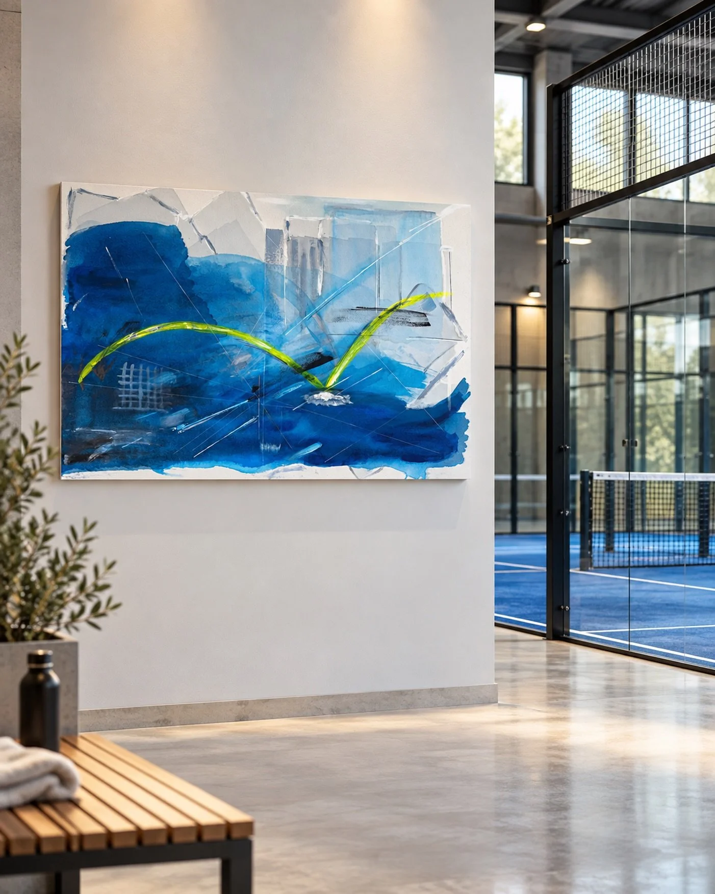 &bdquo;The Opening Shot&ldquo;

Part of the Padel Series, where sport becomes color, motion, and geometry. Blue, white, grey, turquoise, a flash of neon yellow.

120 &times; 80 cm, acrylic and ink on canvas. If this is the piece that makes a room or 