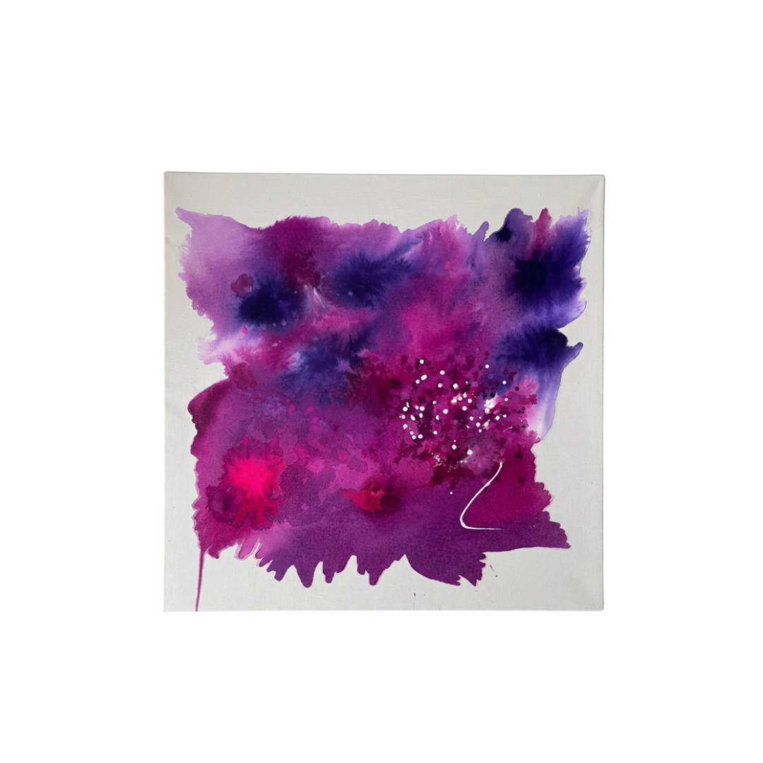 Contemporary abstract painting featuring layered violet, magenta and indigo tones with fluid forms, atmospheric depth and expressive textures on a square canvas.