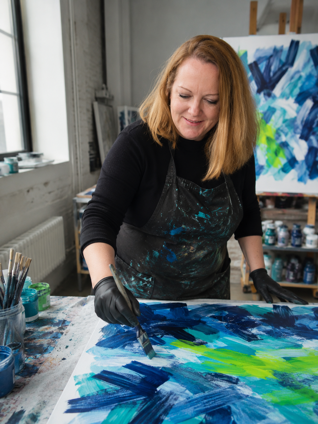 Eine Frau beim Malen in einem Kunststudio, Abstract-Kunst mit blauen, grünen und weißen Farben auf einer Leinwand.