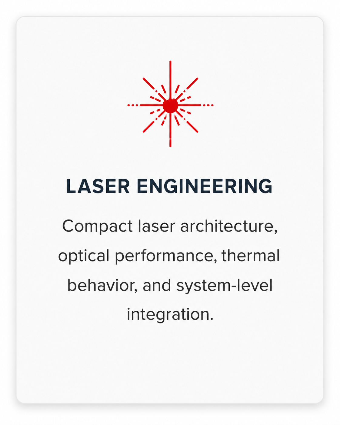 Promotional graphic for laser engineering featuring a red laser beam illustration and text about compact laser architecture, optical performance, thermal behavior, and system-level integration.