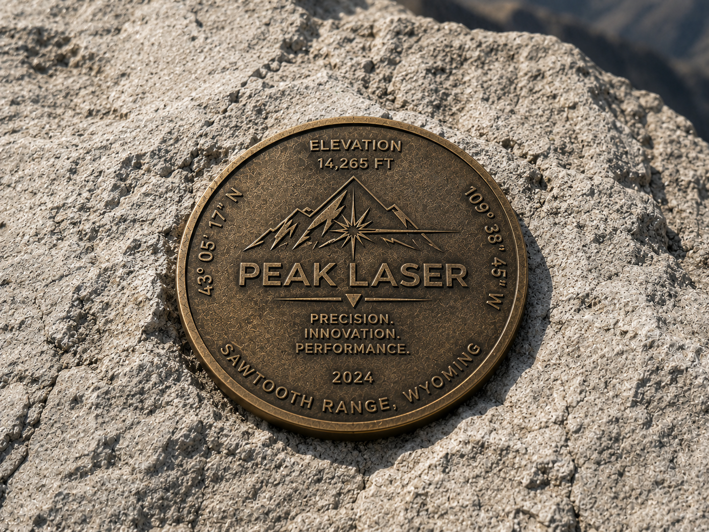 A bronze plaque embedded in rock at the Sawmill Range in Wyoming, indicating an elevation of 14,265 feet, with a mountain illustration and compass directions. It bears the name 'Peak Laser', with the words 'Precision. Innovation. Performance.' and the year 2024.