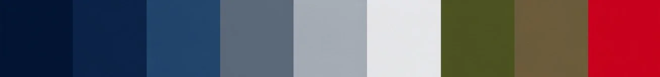 Horizontal color gradient from dark blue to red, passing through various shades of blue, gray, white, green, and brown.
