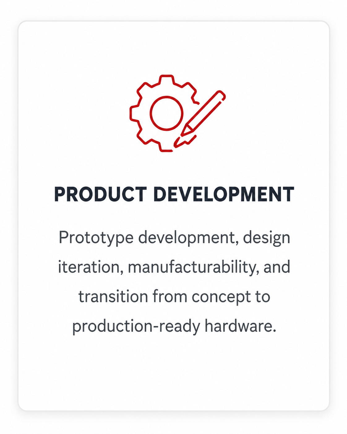 Information card about product development, with a red gear and pen icon at the top.