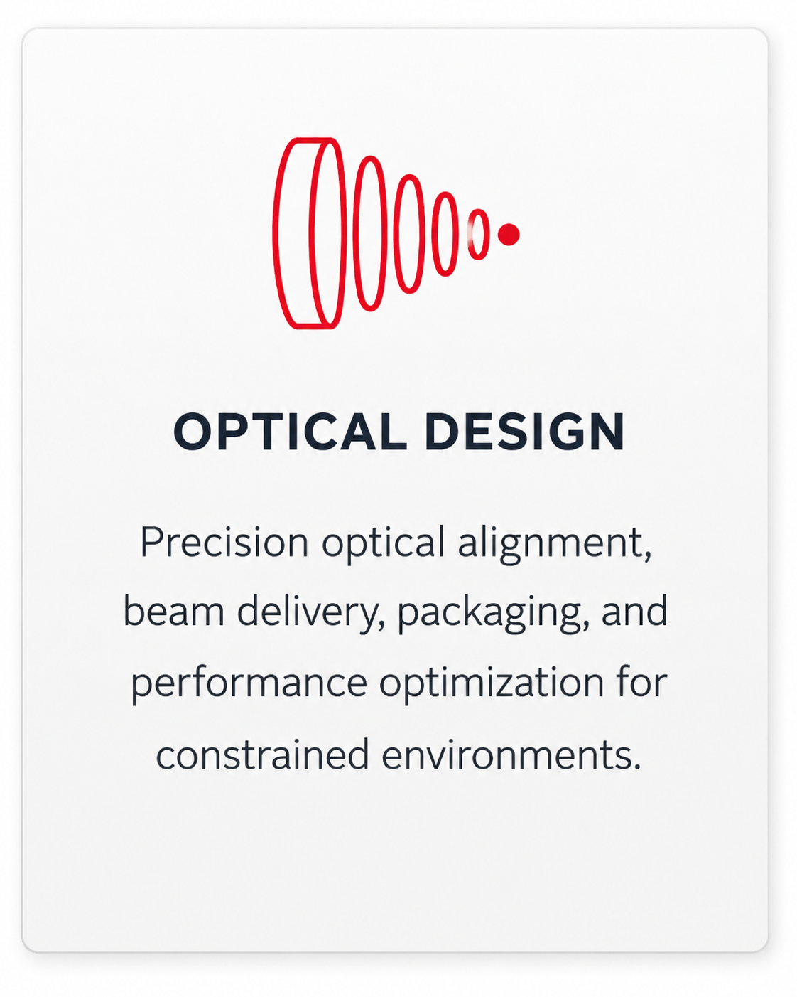 Logo with red concentric circles and the words "Optical Design" below, with a description of precision optical alignment, beam delivery, packaging, and performance optimization.