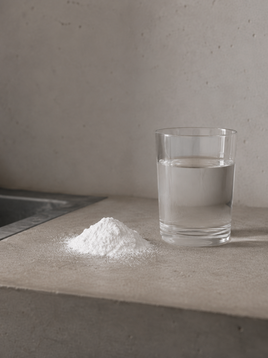 A glass of water placed on a surface next to a small pile of white powder, set against a plain light-colored background.