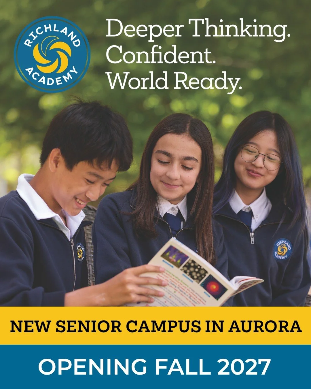 Richland Academy is growing. 💙

For years, our students&rsquo; journey with us has taken them through Grade 8. Now, we&rsquo;re looking ahead to what comes next.

Join us for our Open House and be among the first to explore our new Senior Campus in 