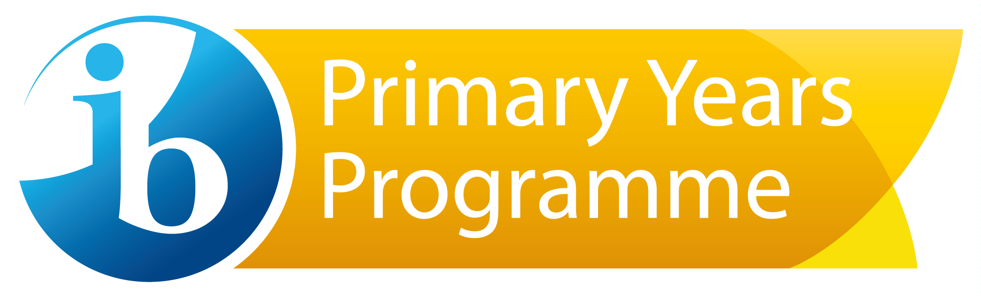 Logo for the iB Primary Years Programme, with a blue circle featuring a white lowercase 'i' and a blue lowercase 'b', alongside text in white on a yellow background that reads 'Primary Years Programme'.