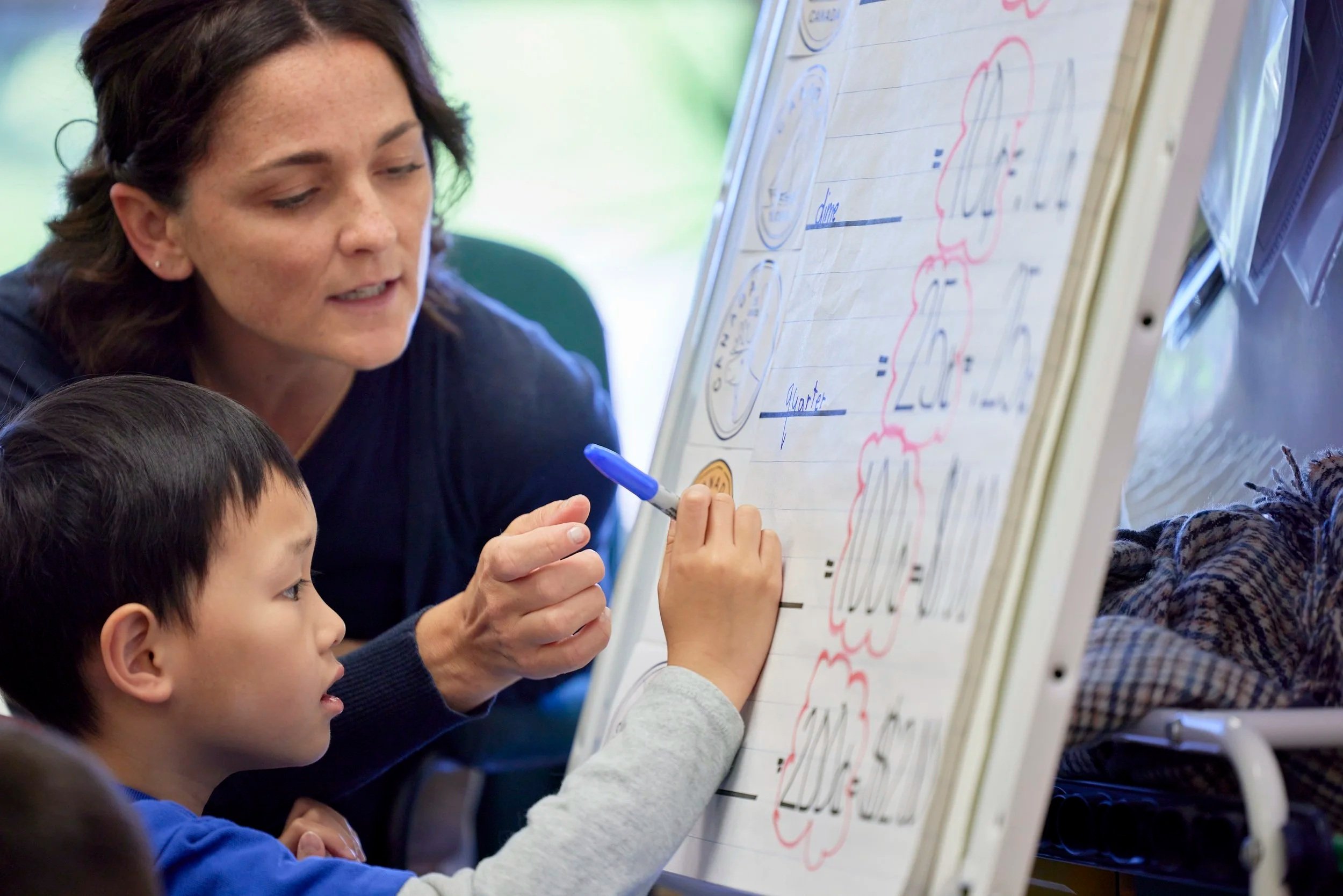 A woman and two children are engaged in a learning activity at a whiteboard with drawings and writing, likely in a classroom setting.