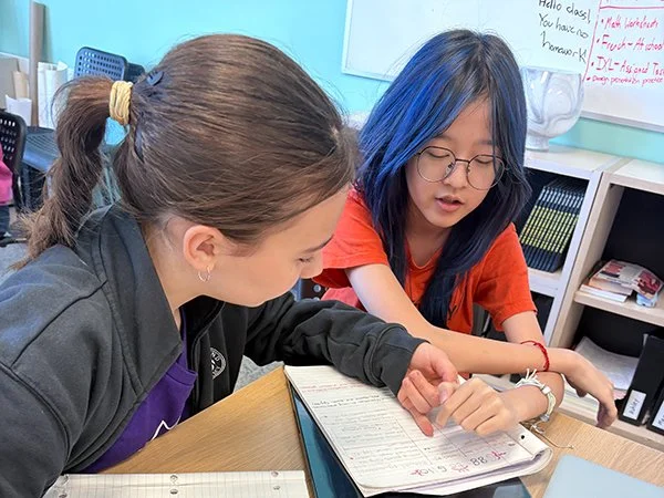 Two female students studying together at a desk, with notebooks and textbooks open.