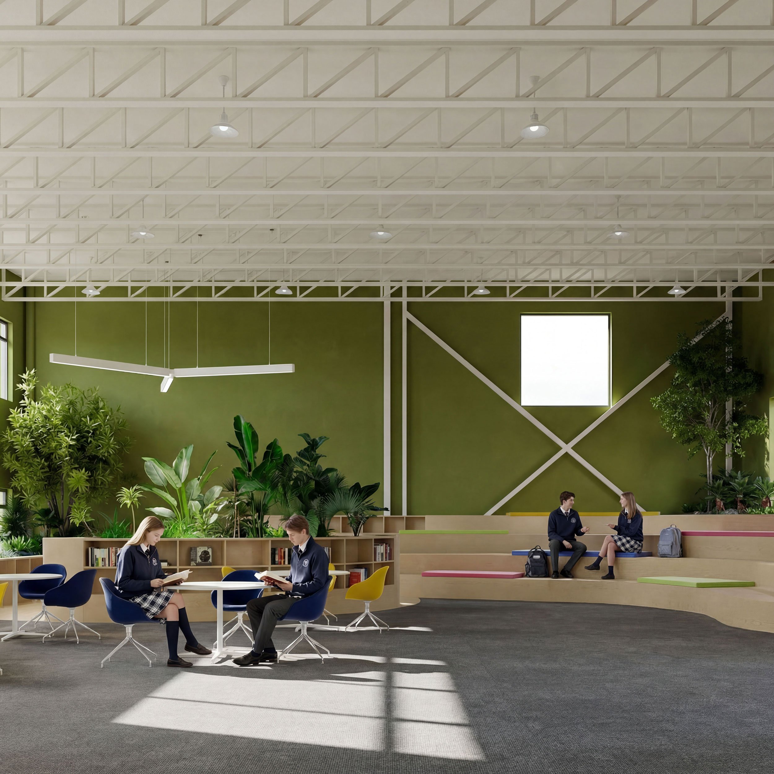 Students in school uniforms sitting at a round table, reading books, with a modern library and indoor plants in the background.