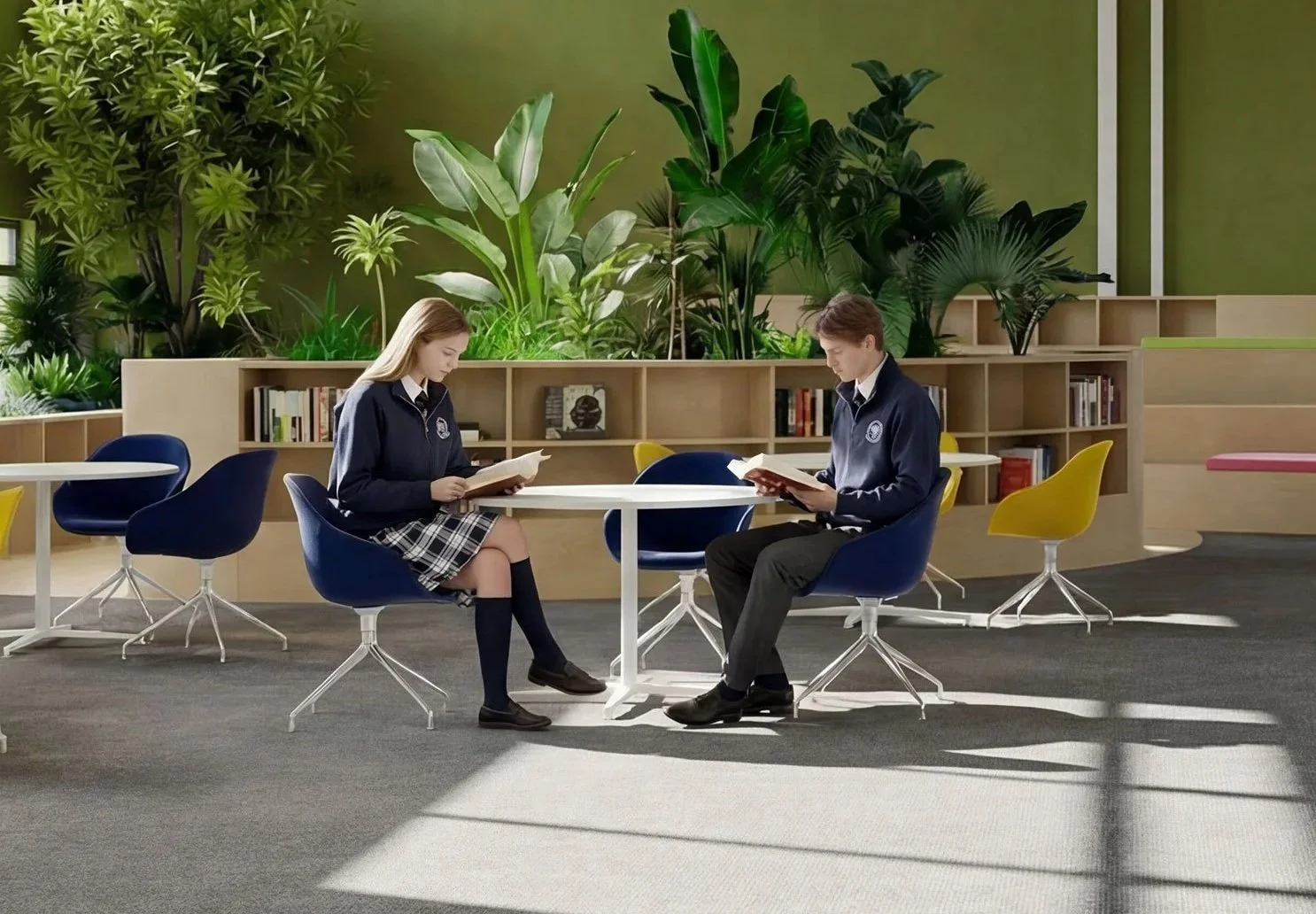 Two students, a girl and a boy, are sitting at a round table in a modern library or study area, reading books. The background has a green wall and large indoor plants, with bookshelves. The girl has long blonde hair and is wearing a navy blazer, plaid skirt, and knee-high socks. The boy has brown hair and is dressed in a navy blazer and dark pants. The room has colorful chairs and natural lighting.
