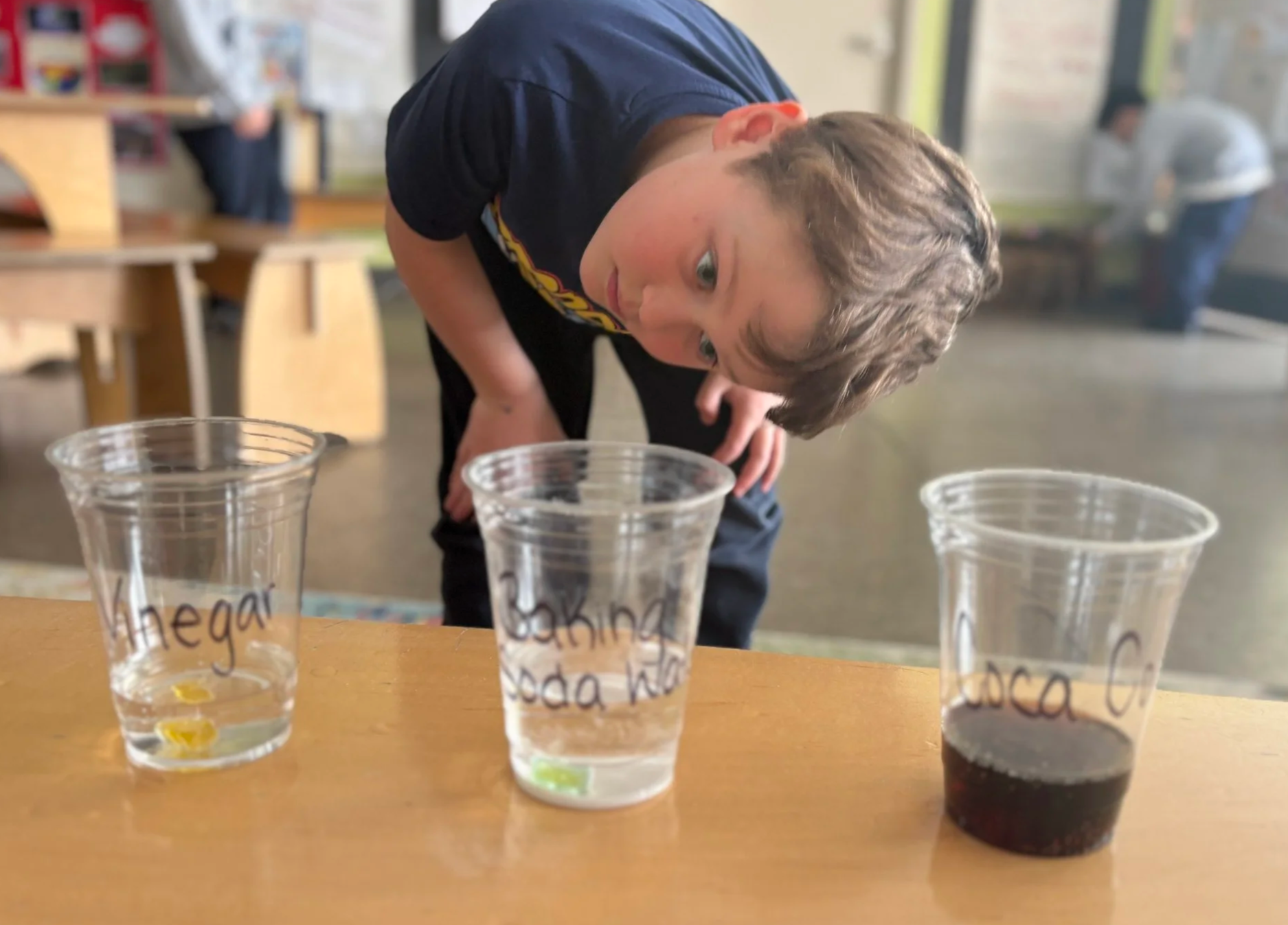 A boy with light brown hair leaning over a table with three clear plastic cups labeled 'Hedgear,' 'Cake,' and 'Cola' containing different liquids, in a room with wooden furniture and a glass door in the background.