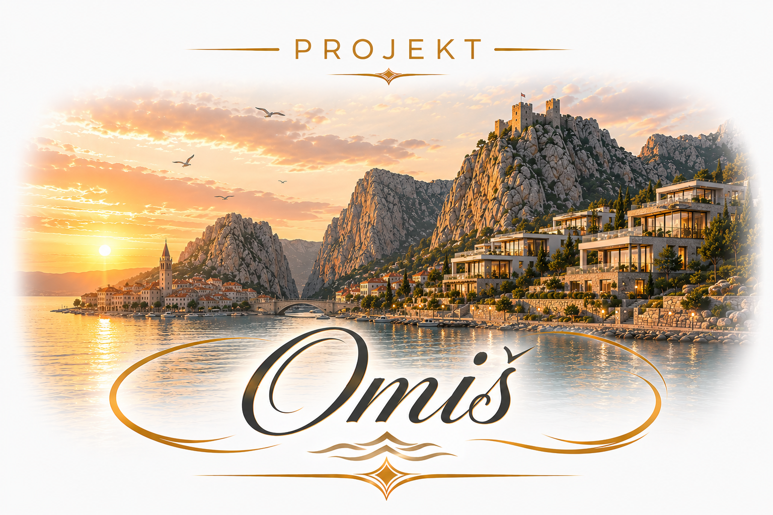 Ein schöner Sonnenuntergang über der Stadt Omis, mit einem Fluss, historischen Gebäuden, modernen Häusern an den Bergen und einer Burg auf dem Hügel, im Hintergrund Berge und Wasser.