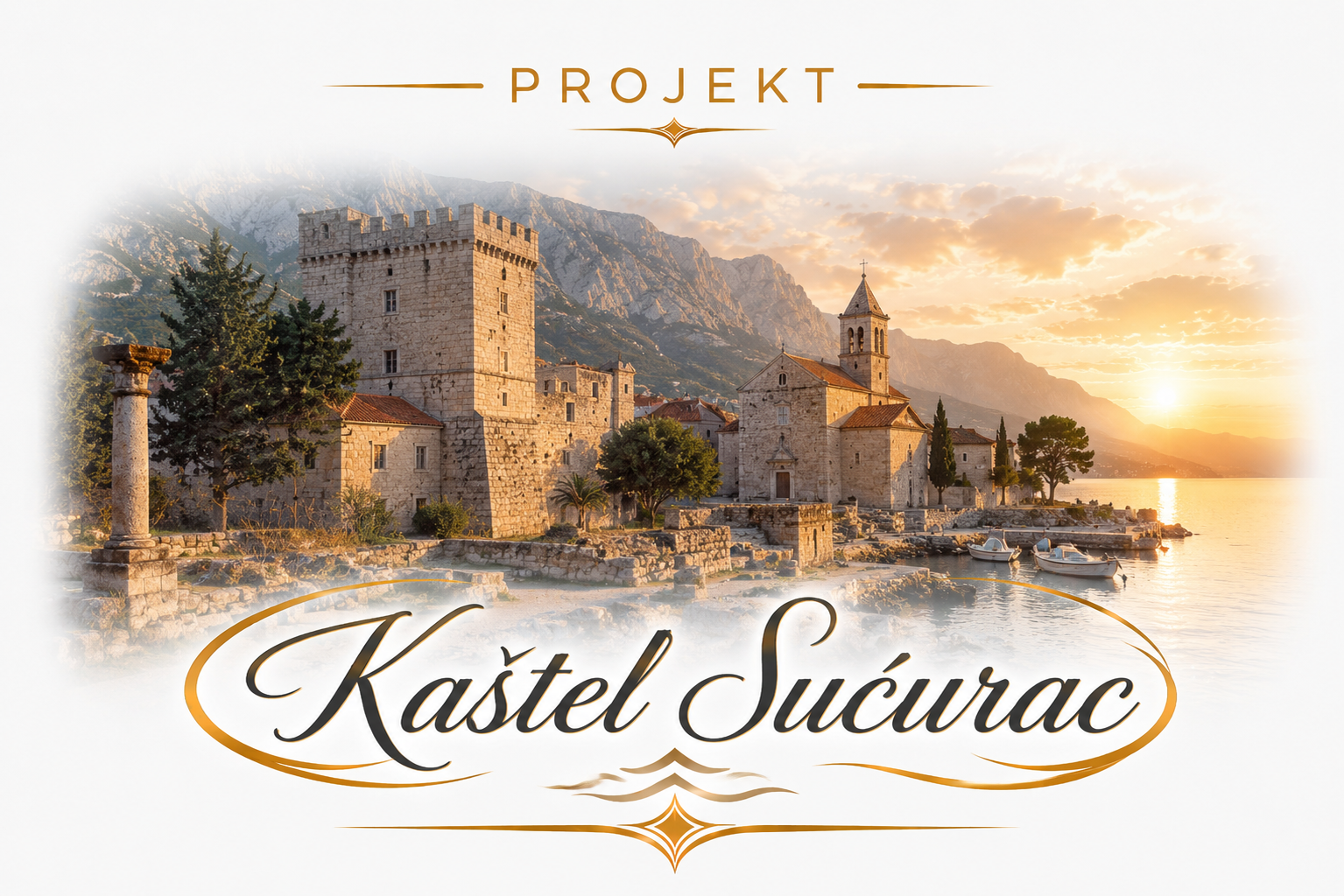 Fotografie des Kastel Sućurac, einer historischen Festung mit mittelalterlichem Turm an einem sonnigen Abend mit Bergen im Hintergrund und Booten im Wasser.