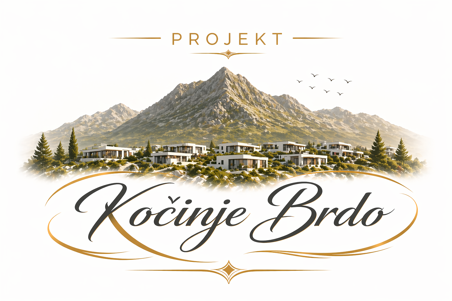 Visualisierung eines Wohnprojekts namens 'Kociné Brdo' mit modernen Häusern auf Hügeln vor einem Berg.