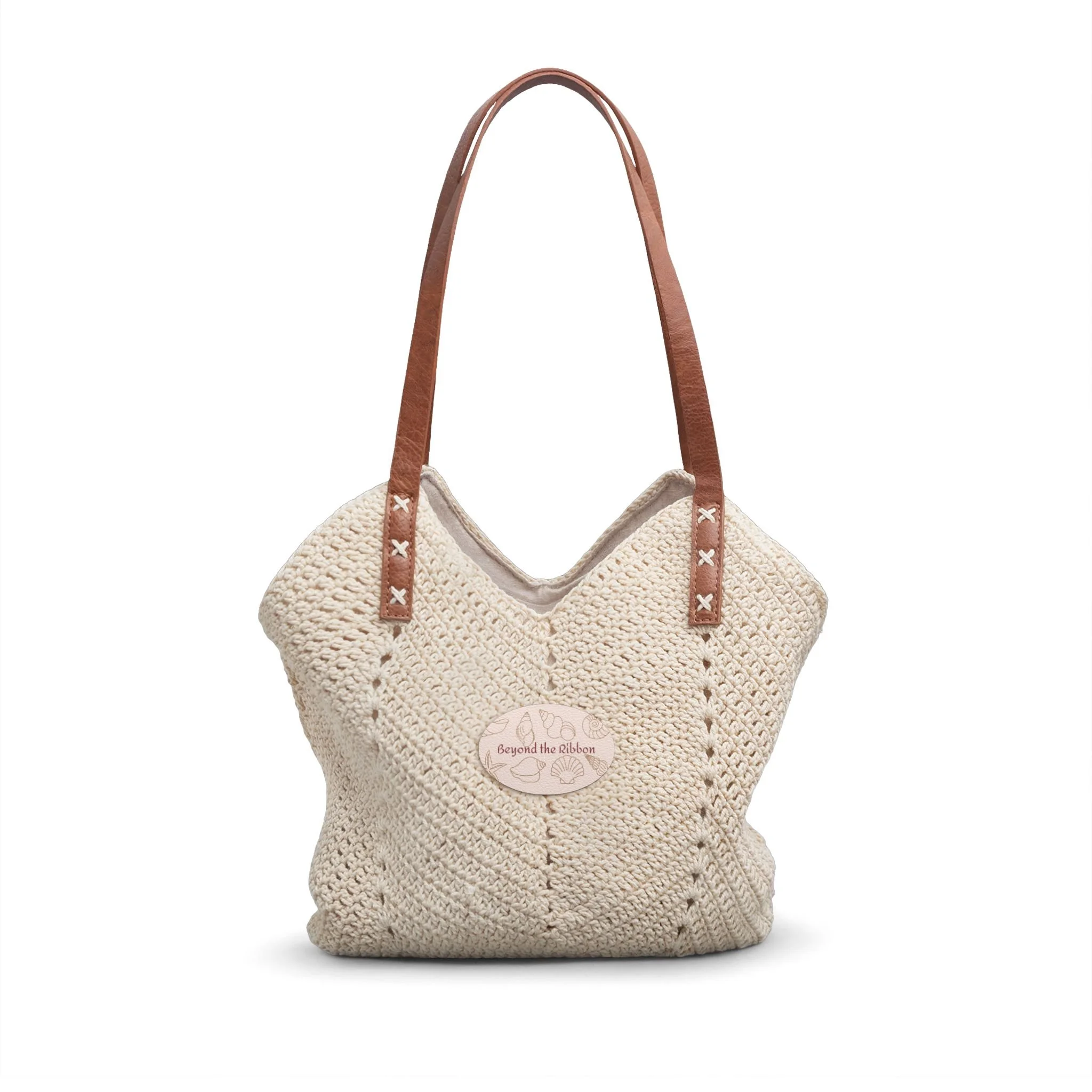 Boho Straw Shoulder Bag – Crochet Beach Tote with Leather Straps