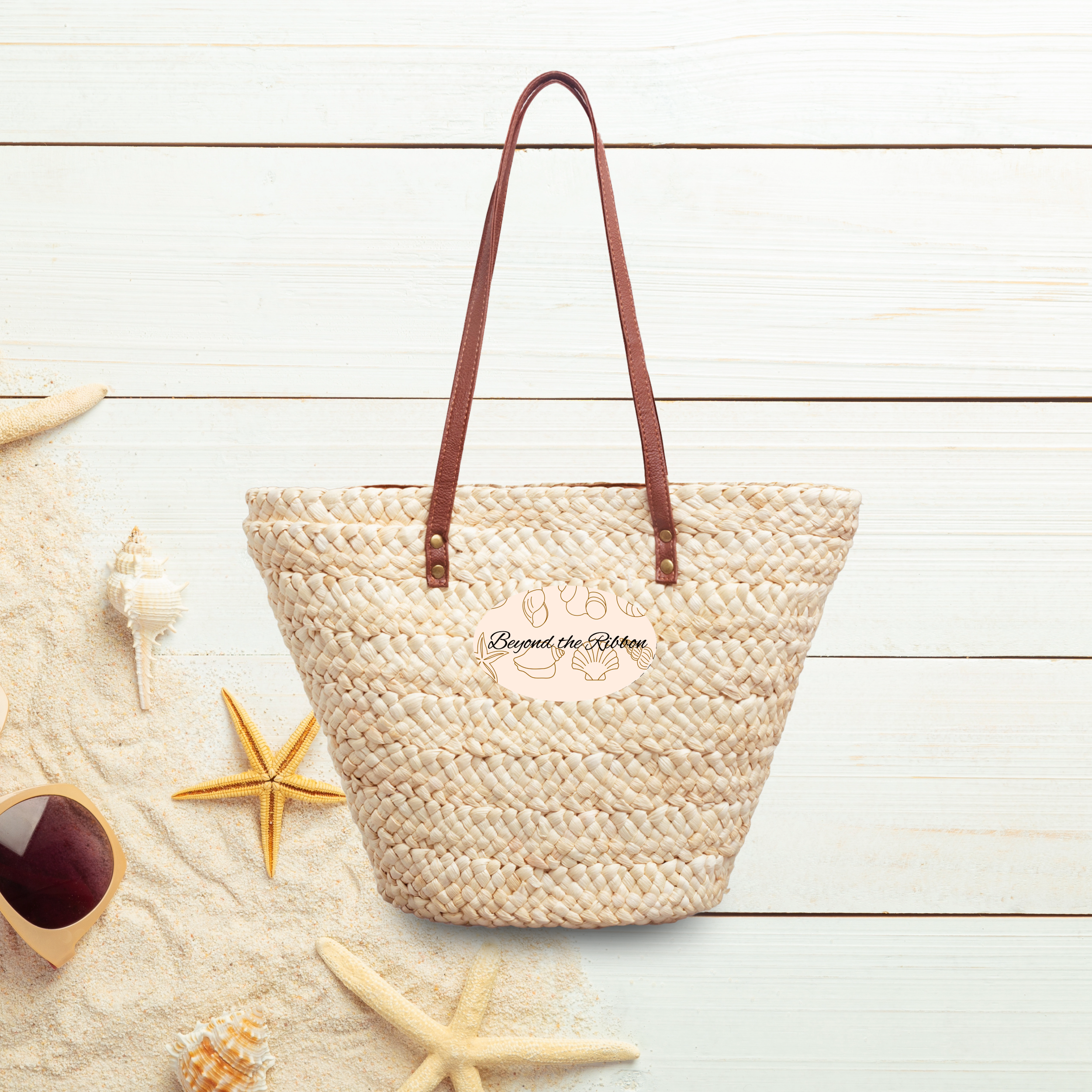 Woven Straw Tote Bag — "Beyond the Ribbon" Beach Shell Market Tote