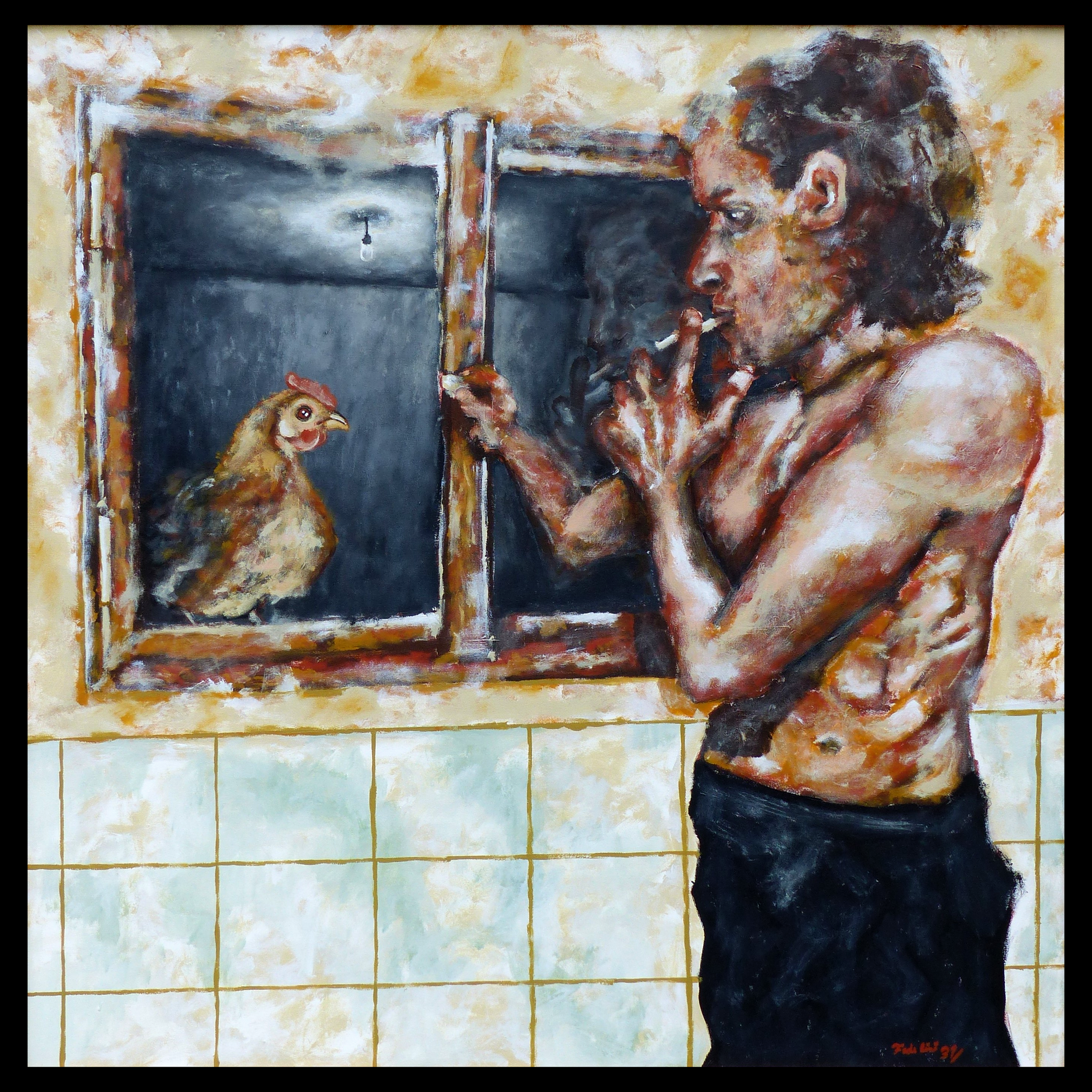Gemälde Selbstportrait mit Huhn von Sandro Fedelini