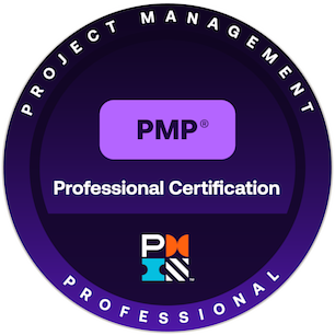 A circular badge with a black and purple gradient background, displaying the PMP (Project Management Professional) logo and text, indicating professional certification.
