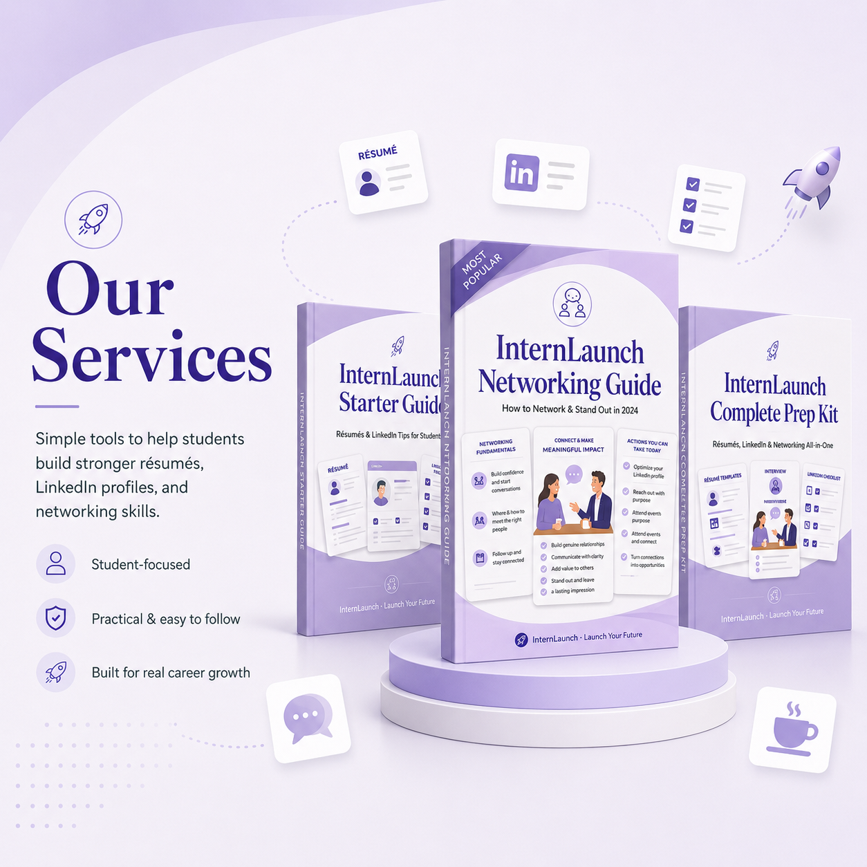 Display of InternLaunch networking guidebooks with titles such as 'InternLaunch Starter Guide,' 'InternLaunch Networking Guide,' and 'InternLaunch Complete Prep Kit,' set against a light purple background with icons representing LinkedIn, resumes, checklists, and networking.