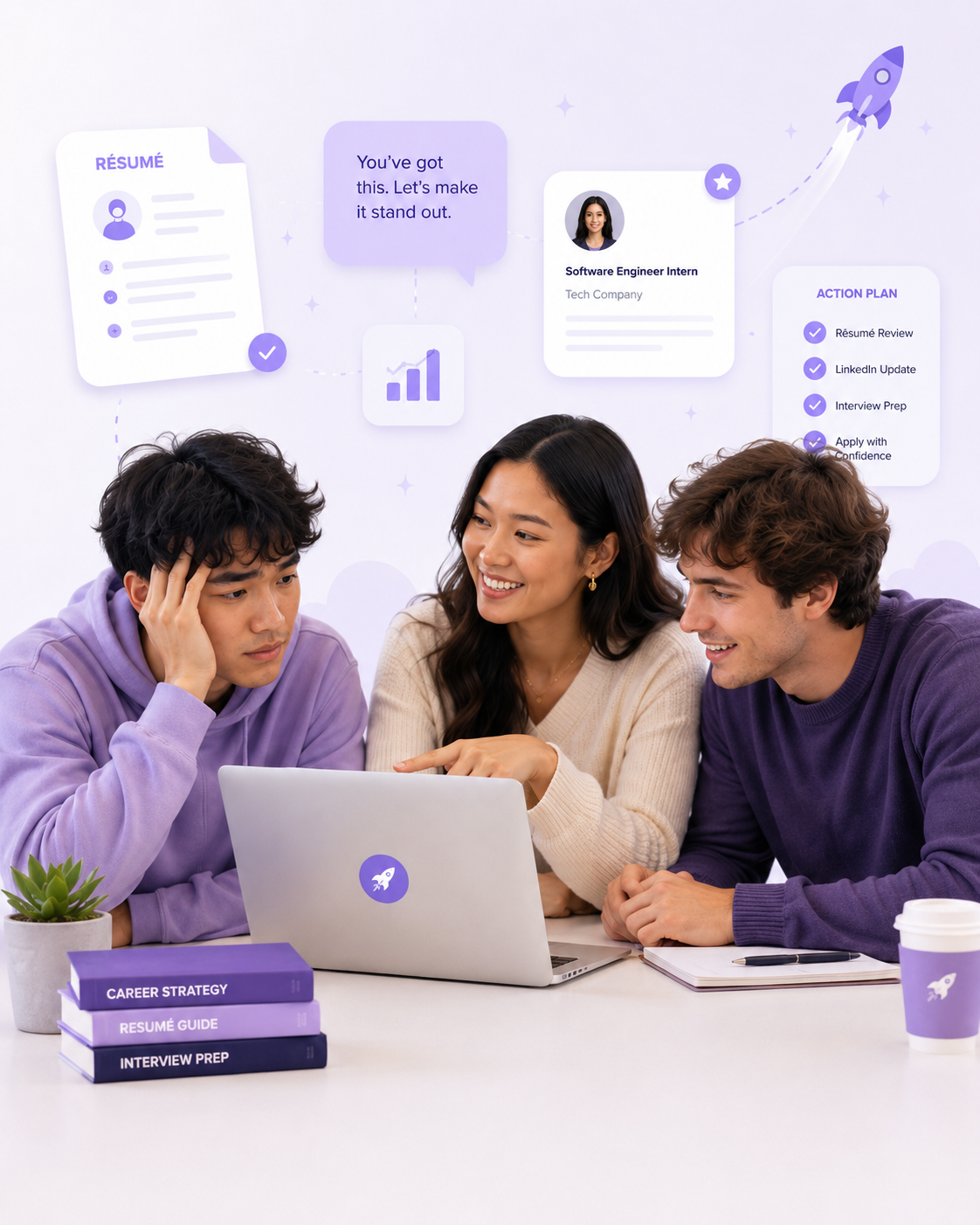 Three people sitting at a white desk with a laptop, discussing career planning. The background features a digital graphic of job resumes, action plans, and motivational messages.