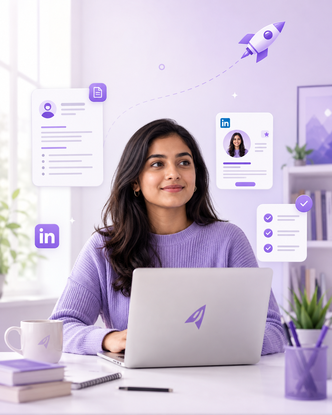 A woman sitting at a desk with a laptop, surrounded by digital icons of LinkedIn profiles and checkmarks, with a rocket icon in the background symbolizing progress or growth.