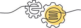 Line drawing of interconnected gears and a light bulb with a filament, representing ideas and innovation.
