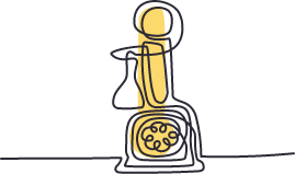 A stylized illustration of a snail inside a jar with a yellow byro with a spiral design, set against a black background.