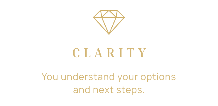 Black background with a gold diamond icon at the top, the word 'CLARITY' in bold gold capital letters below, and the phrase 'You understand your options and next steps.' in smaller gold text underneath.