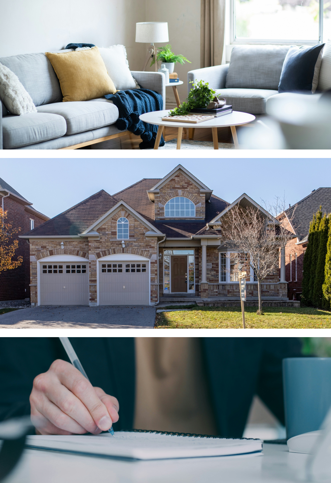 Living room with light gray sofa, decorative pillows, blanket, side table with lamp and plants; suburban brick house with two-car garage, driveway, and front yard; person writing in a notebook with a pen and coffee mug nearby.