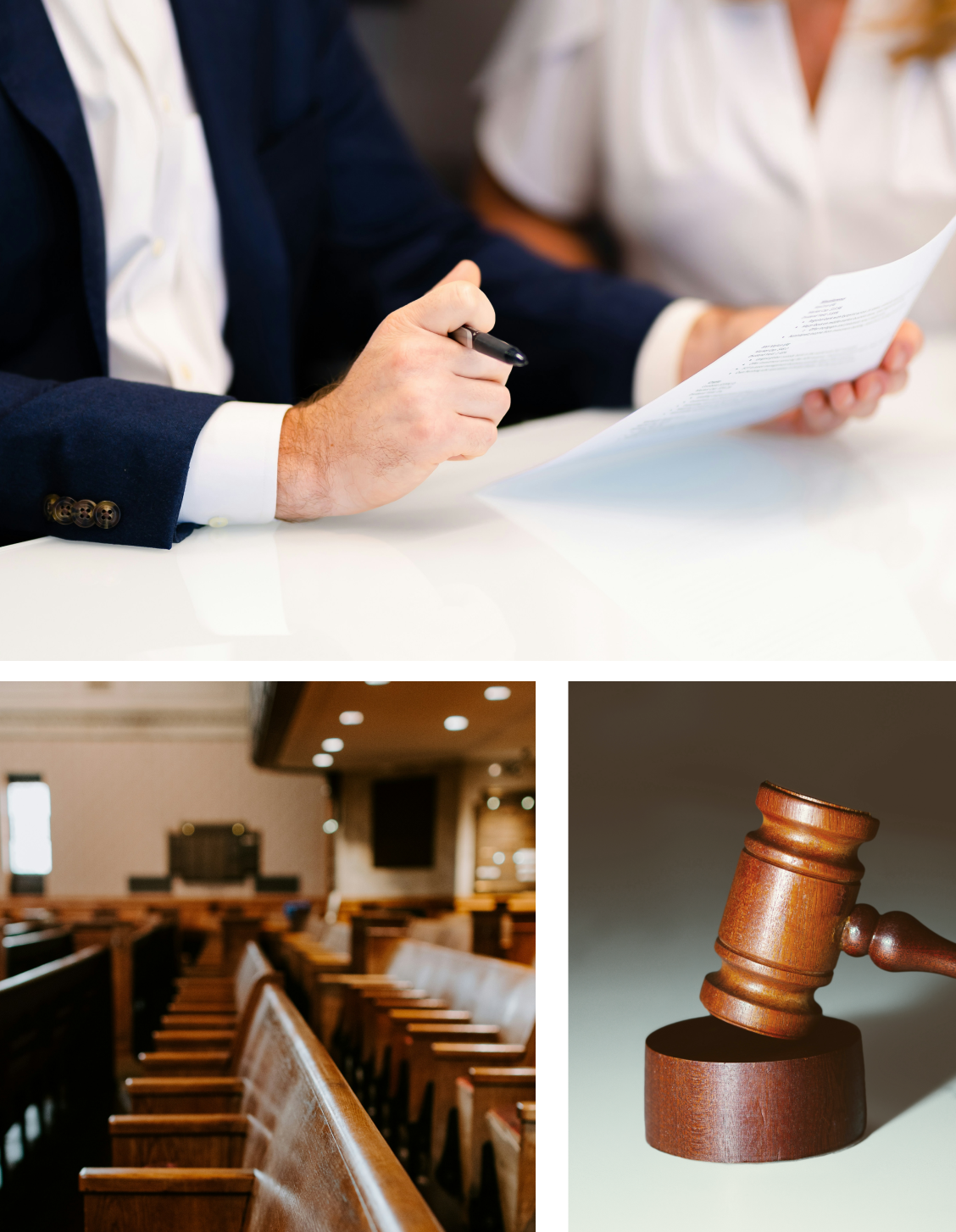 Collage of legal and courtroom images: top shows a person in a suit reviewing legal documents with another person; bottom left shows an empty courtroom with wooden benches and a judge's bench; bottom right shows a wooden gavel on a sound block.