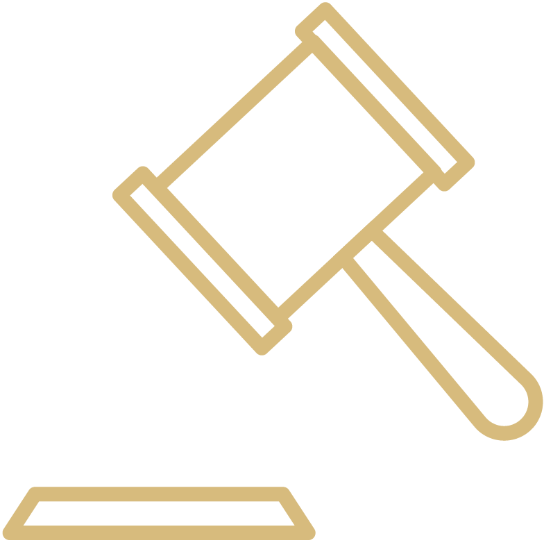 Outline drawing of a judge's gavel hitting a sound block.