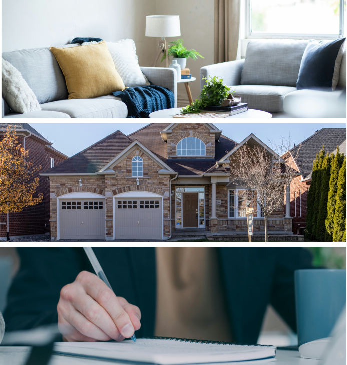Collage of three images: a living room with a sofa and cushions, a suburban house with a brick facade, and a person writing in a notebook at a desk.
