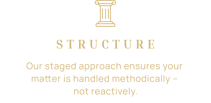 Illustration of a classical pillar above the word 'STRUCTURE' and text emphasizing a staged approach to handling matter calmly without reactivity.
