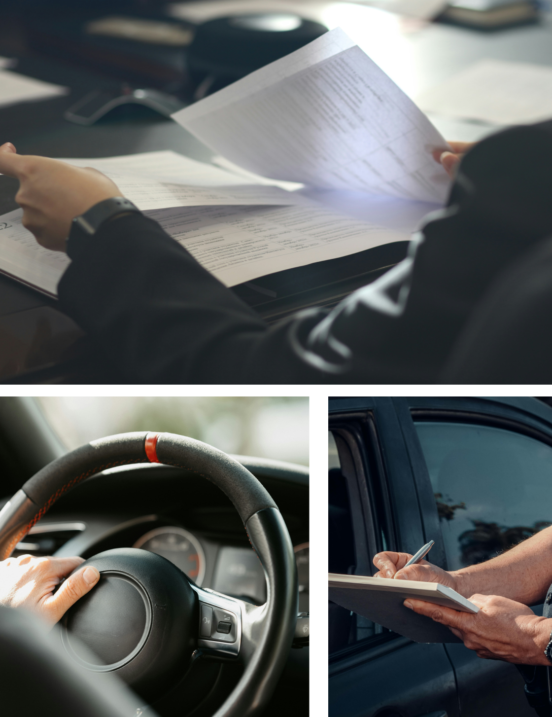 Collage of driving-related activities: a person reviewing documents at a desk, a hand on a car steering wheel, and another person writing notes outside a vehicle.