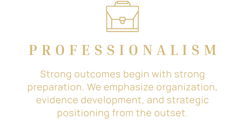 Graphic with a briefcase icon, the word 'PROFESSIONALISM', and the text 'Strong outcomes begin with strong preparation. We emphasize organization, evidence development, and strategic positioning from the outset.'
