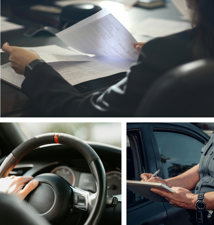 Collage of three images: a person reading documents at a desk, a person driving a car, and a person writing in a notebook outside a vehicle.