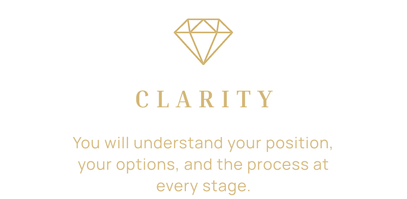 Logo of a diamond shape with the word "CLARITY" underneath, followed by the text "You will understand your position, your options, and the process at every stage".