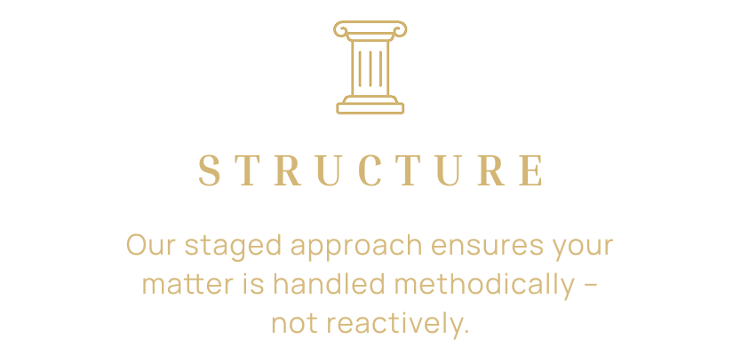 Black background with a gold outline of a classical column at the top, the word "STRUCTURE" in large gold letters below it, and beneath that the text "Our staged approach ensures your matter is handled methodically – not reactively." in smaller gold letters.