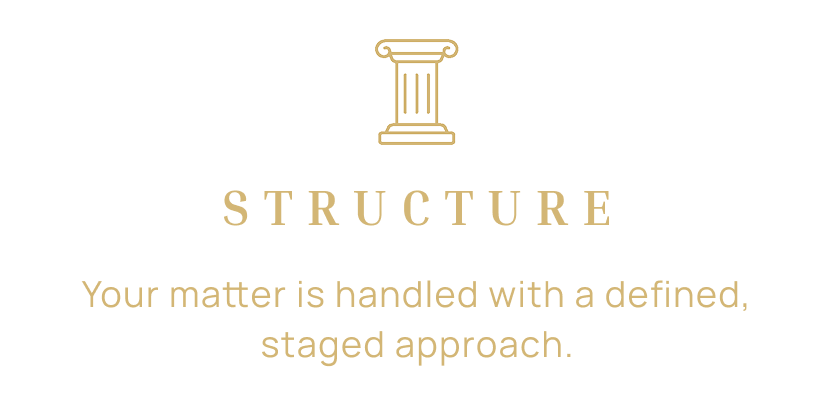 Design with a gold column icon and the words 'STRUCTURE' and 'Your matter is handled with a defined, staged approach.' on a black background.