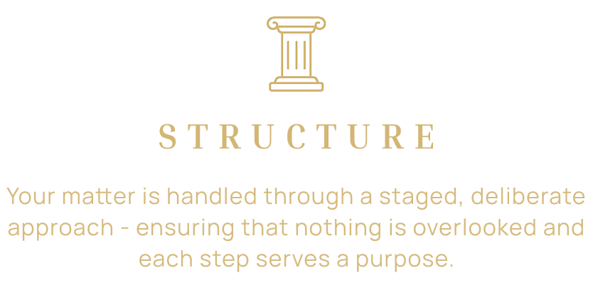 Graphic with a gold column icon at the top, the word 'STRUCTURE' in large gold letters, and text explaining matter is handled with a staged, deliberate approach to ensure oversight and purpose.