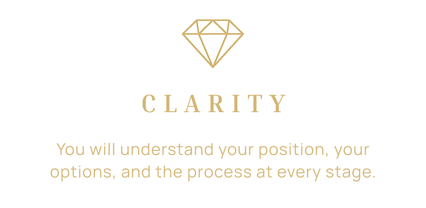 A black background with a gold diamond icon at the top. The word "CLARITY" in large gold letters below it. Underneath, a caption in gold reads: "You will understand your position, your options, and the process at every stage."
