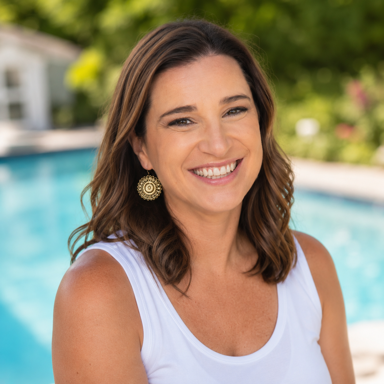A woman smiling outdoors near a swimming pool, wearing a white tank top and gold earrings.