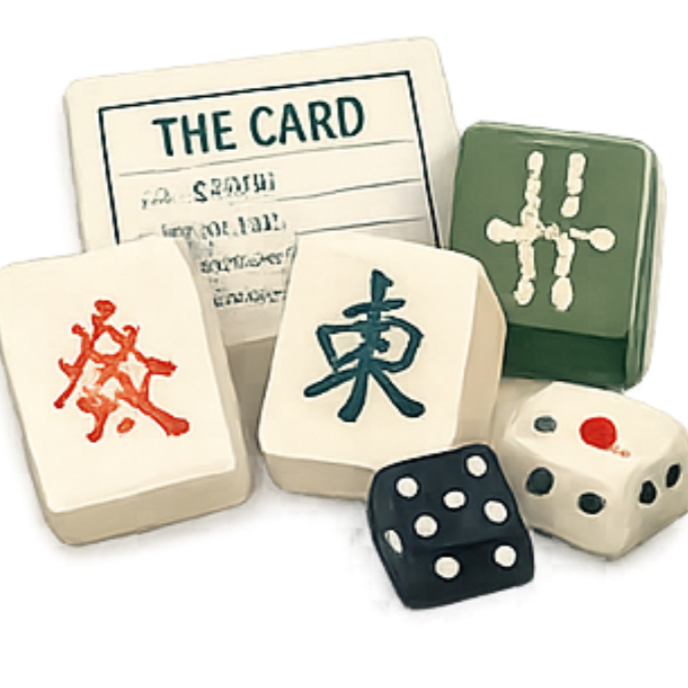 A collection of Mahjong tiles and dice, including a tile with a red character, a tile with a blue character, a green tile with white markings, and two dice, one black with white dots and one white with black dots and a red dot.